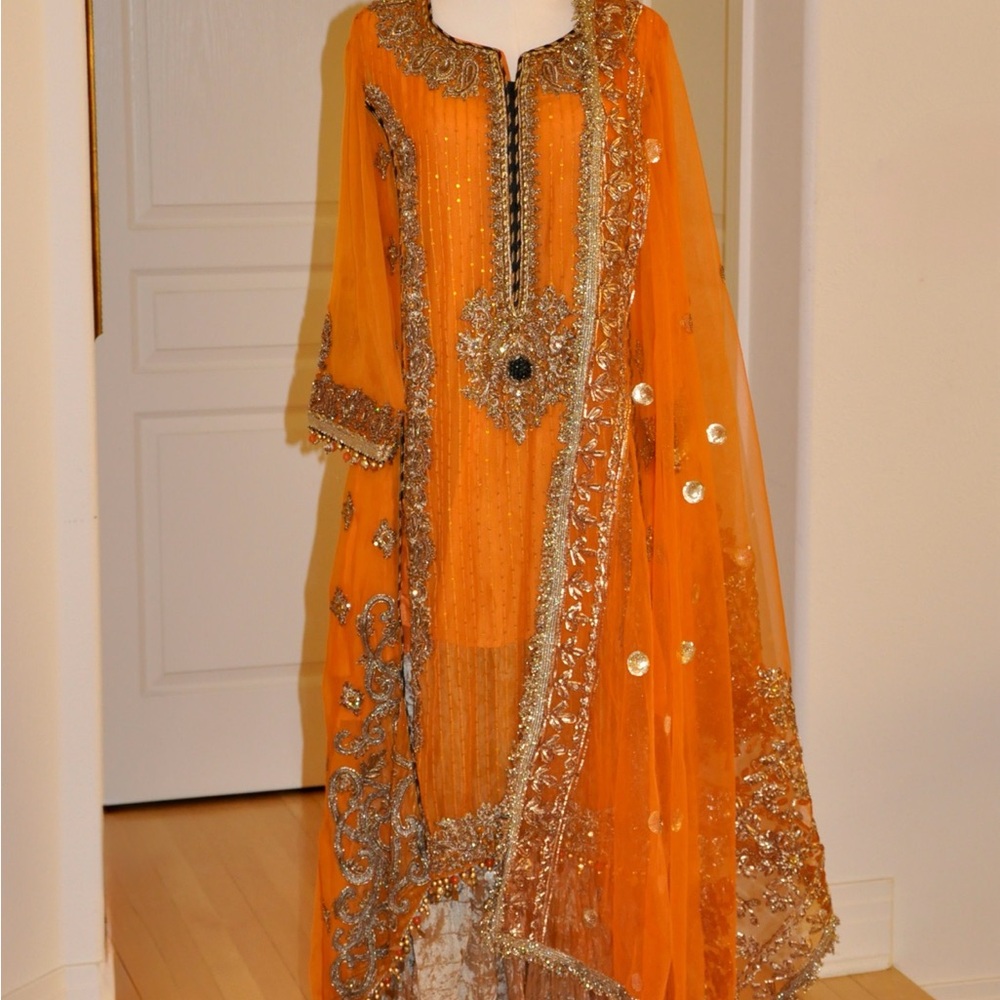 Elegant Orange and Gold Embellished Dress
